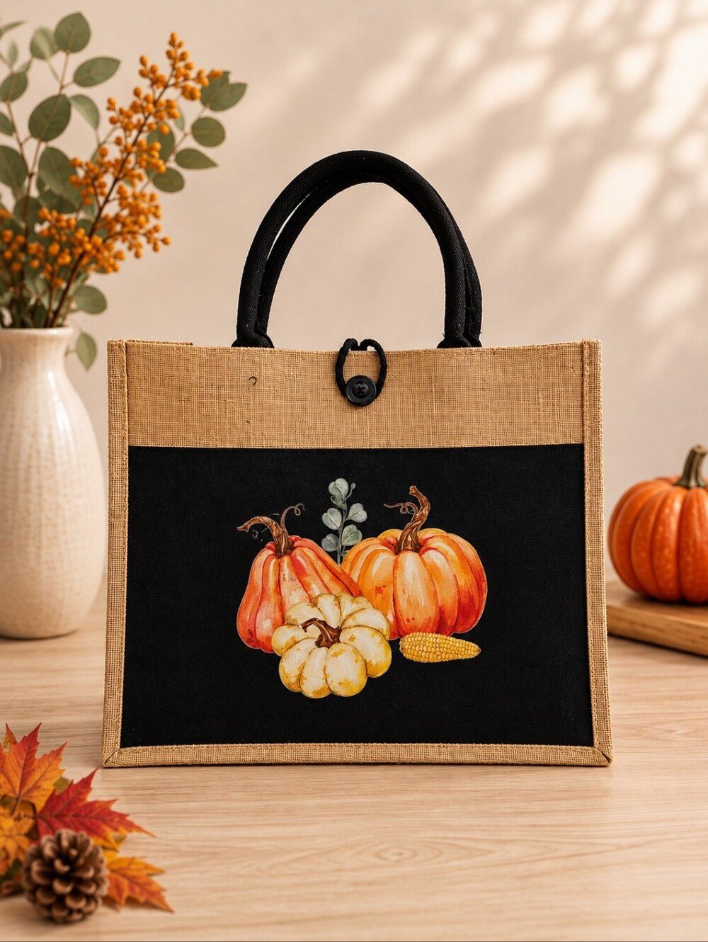 Large Black & Natural Jute Tote Bag – Autumn Pumpkin Harvest Design